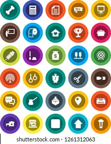 White Solid Icon Set- toilet brush vector, paper, pan, turk coffee, pencil, blackboard, calculator, alarm clock, award cup, presentation, document, arrow up, target, bone, gymnast rings, office, pin