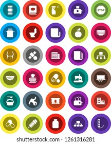 White Solid Icon Set- toilet vector, washing powder, sprayer, plates, colander, cookbook, jar, pasta, pencil, apple fruit, hierarchy, buttocks, pills, satellite, truck trailer, Railway carriage