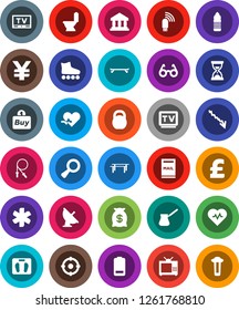 White Solid Icon Set- toilet vector, turk coffee, glasses, bank, crisis, sand clock, pound, yen sign, scales, heart pulse, weight, jump rope, horizontal bar, roller Skates, skateboard, water bottle