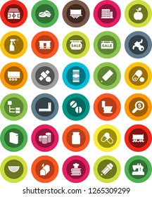 White Solid Icon Set- toilet vector, washing powder, sprayer, colander, cookbook, jar, pasta, pencil, corner ruler, apple fruit, coin stack, money search, stadium, pills, Railway carriage, satellite