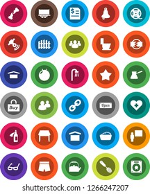 White Solid Icon Set- toilet vector, foam basin, kettle, skimmer, turk coffee, blackboard, glasses, bell, annual report, fitball, shorts, truck trailer, dry cargo, film spool, satellitie, link, bath