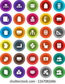 White Solid Icon Set- toilet vector, washing powder, sprayer, plates, cookbook, jar, pasta, corner ruler, hierarchy, buttocks, stadium, Railway carriage, satellite, truck trailer, newspaper, pills