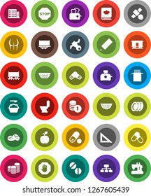 White Solid Icon Set- toilet vector, washing powder, colander, cookbook, plates, pasta, pencil, corner ruler, apple fruit, coin stack, hierarchy, buttocks, pills, Railway carriage, satellite, stop