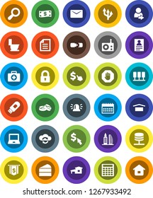 White Solid Icon Set- toilet vector, cake, notebook pc, document, personal information, calculator, dollar flag, calendar, cursor, first aid kit, dry cargo, radio, pills, server, network, usb modem