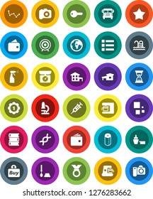 White Solid Icon Set- toilet brush vector, sprayer, paper, book, microscope, school bus, constellation, wallet, sand clock, target, medal, pool, earth, port, camera, dna, syringe, loading, cottage