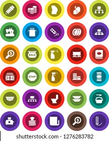 White Solid Icon Set- toilet vector, washing powder, sprayer, plates, colander, cookbook, pasta, pencil, coin stack, money search, hierarchy, stadium, buttocks, Railway carriage, newspaper, stop