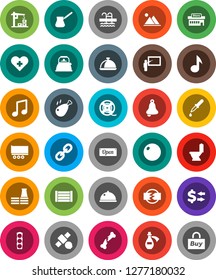 White Solid Icon Set- toilet vector, kettle, turk coffee, dish, chicken leg, blackboard, bell, music, exchange, fitball, pool, satellite, traffic light, truck trailer, wood box, film spool, link