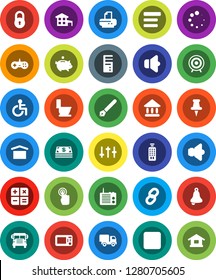 White Solid Icon Set- toilet vector, pen, bell, school bus, university, piggy bank, target, dry cargo, speaker, settings, remote control, touchscreen, thumbtack, stop button, disabled, menu, loading