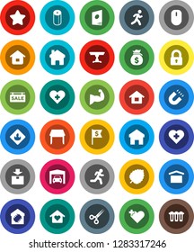 White Solid Icon Set- toilet paper vector, magnet, leaf, money bag, dollar flag, muscule hand, heart cross, run, dry cargo, package, flammable, scissors, home, house, garage, sale signboard, lock