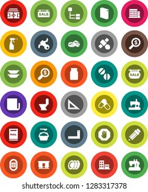 White Solid Icon Set- toilet vector, washing powder, sprayer, plates, jar, pencil, corner ruler, money search, stadium, pills, satellite, Railway carriage, newspaper, hierarchy, stop, mailbox