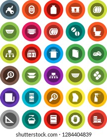 White Solid Icon Set- toilet vector, washing powder, sprayer, plates, colander, jar, pasta, corner ruler, money search, hierarchy, stadium, buttocks, satellite, Railway carriage, newspaper, pills