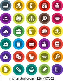 White Solid Icon Set- toilet vector, washing powder, sprayer, plates, colander, cookbook, pasta, pencil, corner ruler, coin stack, money search, hierarchy, stadium, buttocks, pills, Railway carriage