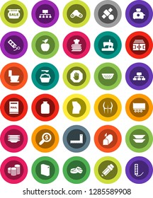 White Solid Icon Set- toilet vector, washing powder, plates, colander, cookbook, jar, pencil, corner ruler, apple fruit, coin stack, money search, hierarchy, stadium, buttocks, satellite, pills