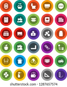 White Solid Icon Set- toilet vector, washing powder, sprayer, plates, cookbook, jar, pasta, corner ruler, apple fruit, stadium, buttocks, pills, Railway carriage, satellite, truck trailer, hierarchy