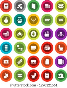 White Solid Icon Set- toilet vector, washing powder, colander, cookbook, plates, jar, pasta, pencil, apple fruit, coin stack, hierarchy, stadium, buttocks, Railway carriage, satellite, truck trailer