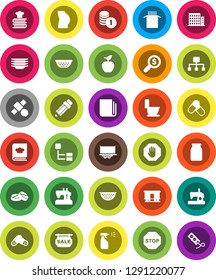 White Solid Icon Set- toilet vector, sprayer, plates, colander, cookbook, jar, pasta, pencil, apple fruit, coin stack, money search, buttocks, pills, satellite, truck trailer, Railway carriage, stop