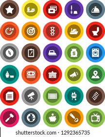 White Solid Icon Set- toilet vector, brush, washer, ladle, meat hammer, bbq, dish, university, telescope, compass, world, document, credit card, piggy bank, map pin, money, traffic light, ship, port