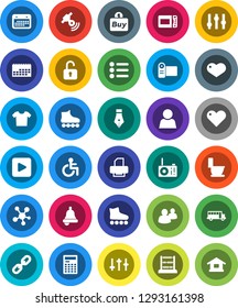 White Solid Icon Set- toilet vector, pen, bell, calculator, school bus, abacus, roller Skates, calendar, satellitie, settings, social media, group, heart, play button, disabled, chain, user, buy
