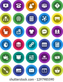White Solid Icon Set- toilet vector, cook timer, skimmer, spices, calculator, presentation board, hierarchy, t shirt, target, calendar, heart monitor, navigator, speaking man, classic phone, server