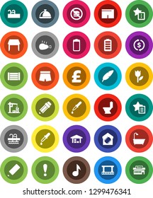 White Solid Icon Set- toilet vector, dish, chicken leg, pen, pencil, music, exchange, pound, shorts, pool, no fastfood, attention, wood box, tulip, film frame, battery, dropper, favorites, barn