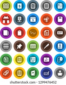 White Solid Icon Set- toilet paper vector, copybook, pen, schedule, pin, certificate, document, constellation, exam, check, annual report, dollar calendar, clipboard, receipt, newspaper, network