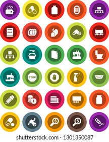 White Solid Icon Set- toilet vector, washing powder, sprayer, plates, colander, jar, pencil, coin stack, money search, hierarchy, pills, stadium, Railway carriage, satellite, truck trailer, stop