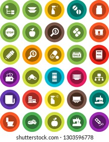 White Solid Icon Set- toilet vector, sprayer, plates, jar, pasta, pencil, apple fruit, money search, pills, truck trailer, Railway carriage, newspaper, hierarchy, stop, mailbox, sale signboard