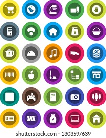 White Solid Icon Set- toilet brush vector, water closet, camping cauldron, cook glove, dish, cereal, mushroom, apple fruit, table lamp, music, receipt, man, fitness mat, barcode, stop button, home