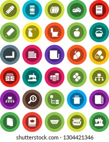 White Solid Icon Set- toilet vector, washing powder, sprayer, colander, cookbook, plates, pasta, pencil, corner ruler, apple fruit, coin stack, money search, hierarchy, stadium, pills, newspaper
