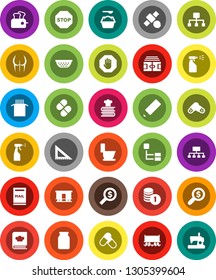 White Solid Icon Set- toilet vector, washing powder, sprayer, colander, cookbook, jar, pasta, pencil, corner ruler, coin stack, money search, hierarchy, stadium, buttocks, pills, Railway carriage