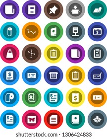 White Solid Icon Set- toilet paper vector, copybook, pin, document, constellation, check, annual report, receipt, dollar calendar, clipboard, fitness mat, newspaper, network, estate, gift, list