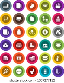 White Solid Icon Set- toilet vector, washing powder, sprayer, colander, cookbook, plates, jar, pasta, corner ruler, coin stack, money search, stadium, buttocks, pills, satellite, truck trailer, stop