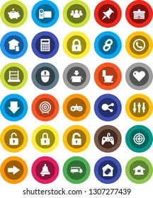 White Solid Icon Set- toilet vector, university, bell, calculator, school bus, abacus, piggy bank, target, arrow down, settings, social media, group, heart, thumbtack, chain, lock, unlock, phone