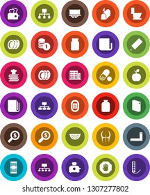 White Solid Icon Set- toilet vector, washing powder, plates, colander, cookbook, jar, pasta, pencil, corner ruler, apple fruit, coin stack, money search, hierarchy, buttocks, pills, stadium, stop