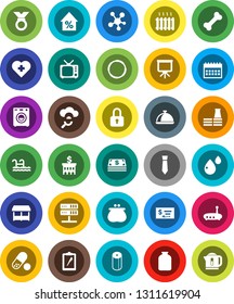 White Solid Icon Set- toilet paper vector, dish, jar, presentation, percent growth, check, bank building, tie, calendar, medal, pills, heart cross, bone, hoop, clipboard, tv, social media, router