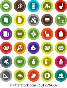 White Solid Icon Set- toilet vector, washing powder, sprayer, plates, colander, cookbook, jar, pasta, corner ruler, apple fruit, money search, buttocks, satellite, truck trailer, newspaper, pills