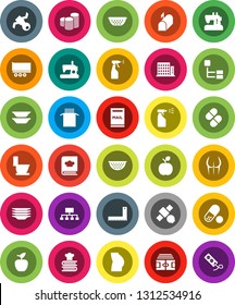 White Solid Icon Set- toilet vector, sprayer, plates, colander, cookbook, pasta, corner ruler, apple fruit, coin stack, hierarchy, stadium, buttocks, pills, satellite, truck trailer, mailbox
