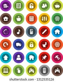 White Solid Icon Set- toilet vector, ruler, abacus, music, piggy bank, target, arrow up, satellitie, gamepad, settings, touchscreen, group, thumbtack, home, redo, loading, user, cottage, unlock