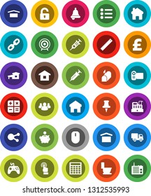 White Solid Icon Set- toilet vector, ruler, bell, piggy bank, calculator, pound, target, dry cargo, gamepad, touchscreen, social media, group, thumbtack, syringe, home, chain, cottage, unlock, menu