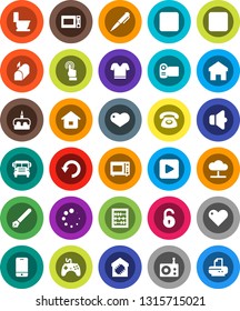 White Solid Icon Set- toilet vector, microwave oven, cake, pen, school bus, abacus, t shirt, radio, speaker, gamepad, mobile phone, touchscreen, heart, play button, pause, rec, cloud network, home