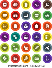 White Solid Icon Set- toilet vector, sprayer, plates, colander, cookbook, jar, pencil, corner ruler, money search, hierarchy, stadium, buttocks, satellite, truck trailer, pills, sale signboard