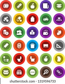 White Solid Icon Set- toilet vector, plates, jar, pasta, pencil, corner ruler, apple fruit, coin stack, money search, hierarchy, stadium, buttocks, pills, Railway carriage, satellite, newspaper