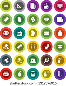 White Solid Icon Set- toilet vector, washing powder, sprayer, plates, colander, jar, pencil, corner ruler, apple fruit, money search, stadium, buttocks, pills, satellite, newspaper, sale signboard
