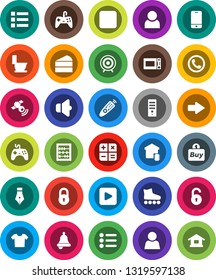 White Solid Icon Set- toilet vector, microwave oven, cake, pen, bell, abacus, roller Skates, target, satellitie, speaker, gamepad, remote control, mobile phone, play button, rec, arrow, lock, unlock