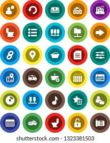 White Solid Icon Set- toilet vector, foam basin, music, document, pie graph, calendar, navigator, speaking man, pills, amkbulance car, server, network folder, equalizer, firewall, favorites, arrow