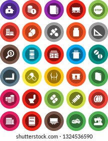 White Solid Icon Set- toilet vector, washing powder, plates, jar, pasta, pencil, corner ruler, coin stack, money search, stadium, buttocks, pills, Railway carriage, satellite, truck trailer, stop