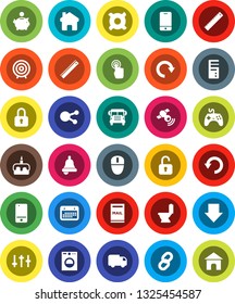 White Solid Icon Set- toilet vector, cake, ruler, bell, school bus, piggy bank, target, arrow down, any currency, calendar, satellitie, gamepad, settings, mobile phone, touchscreen, social media
