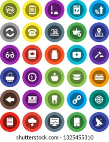 White Solid Icon Set- toilet brush vector, cookbook, plates, jar, glasses, clipboard, cash, percent growth, piggy bank, auction, target, pool, first aid kit, hoop, navigator, clock, mobile phone