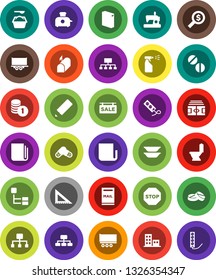 White Solid Icon Set- toilet vector, washing powder, sprayer, plates, pencil, corner ruler, coin stack, money search, hierarchy, stadium, truck trailer, newspaper, pills, stop, mailbox, apartments