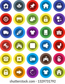 White Solid Icon Set- toilet vector, university, target, any currency, t shirt, satellitie, speaker, gamepad, remote control, mobile phone, group, thumbtack, rec button, home, bench, arrow, loading